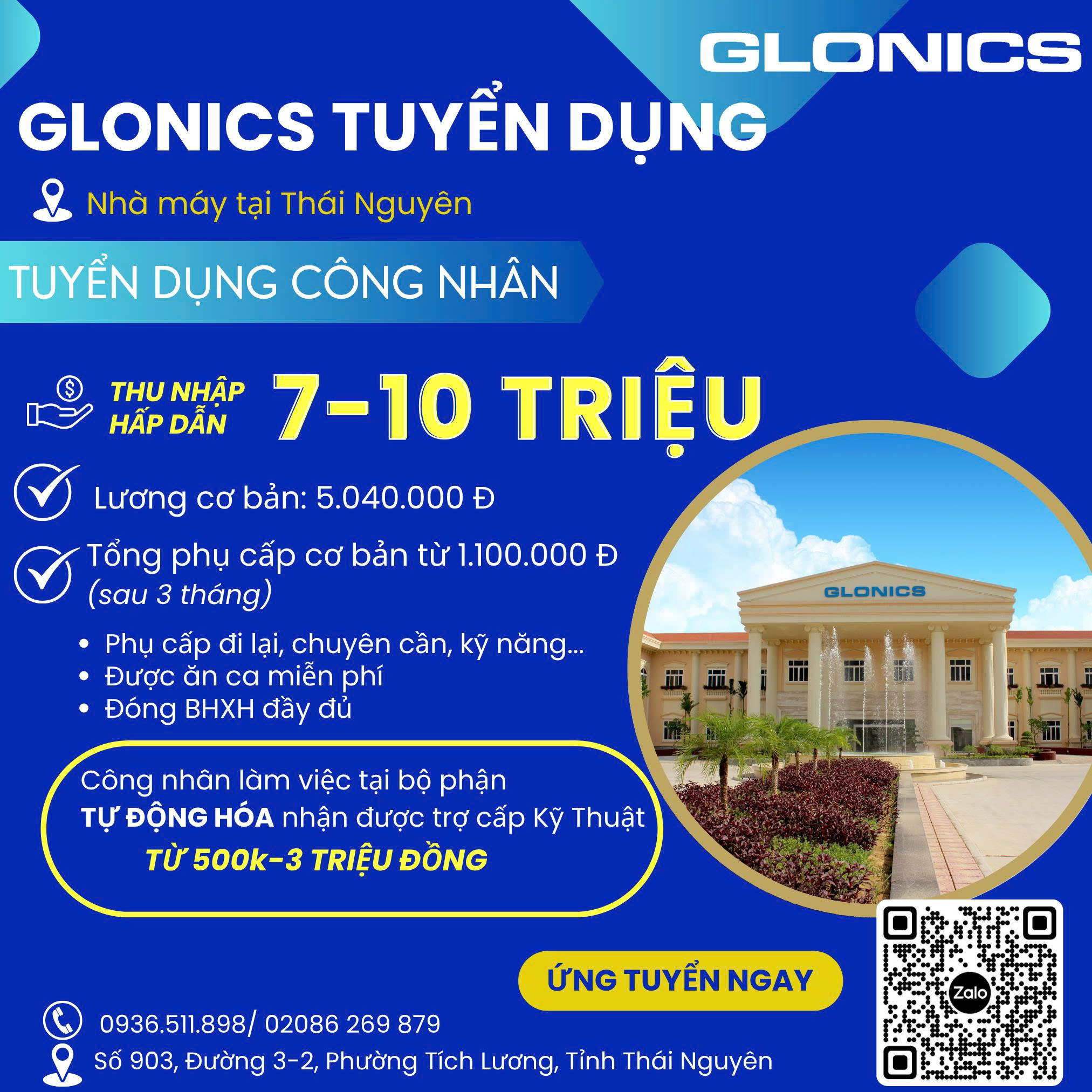 Tuyển dụng công nhân làm việc tại Công ty TNHH Glonics Việt Nam